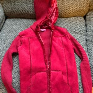 Red, hooded, girls, sweater jacket. Ribbed sleeves, faux sheepskin body